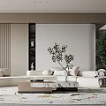Modern Living Room Interior Design With Beige Sofa Marble Coffee Table And Green Plants