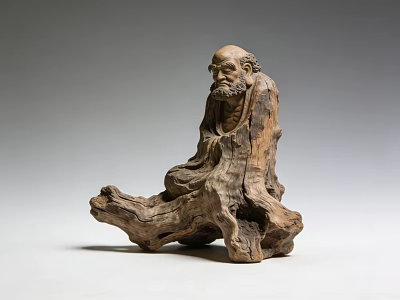 Handcrafted Wooden Sculpture of Seated Old Man on Natural Root Base 3d model