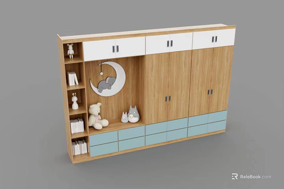 Adorable Kids Wardrobe with Wooden White and Light Blue Design and Moon Decor Teddy Bear Ornaments 3d model 