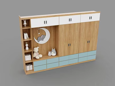 Adorable Kids Wardrobe with Wooden White and Light Blue Design and Moon Decor Teddy Bear Ornaments 3d model