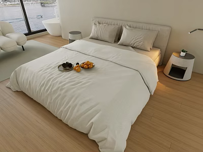 Modern Double Bed with White Bedding Wooden Floor Nightstand Lamp and Fruit Plate 3d model