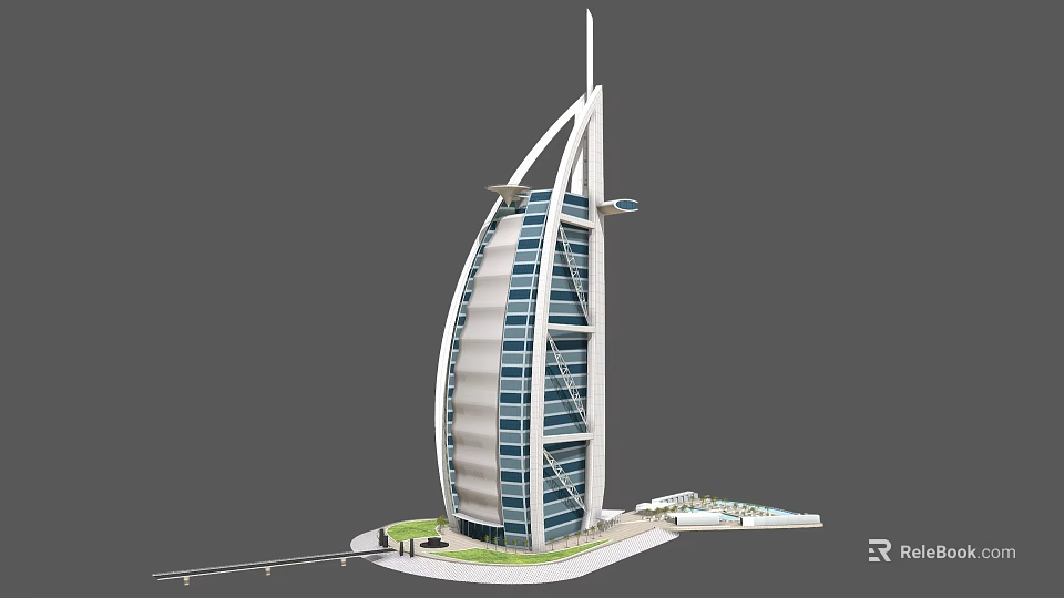 Iconic Sail Shaped Luxury Hotel Building With Glass Facade And Lawn Area 3d model 
