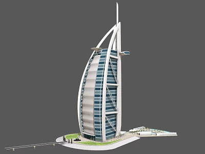 Iconic Sail Shaped Luxury Hotel Building With Glass Facade And Lawn Area 3d model