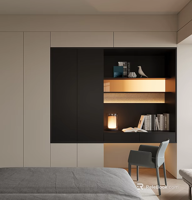 Modern Wardrobe With Black Panels White Cabinetry Open Design Bookshelf Table Lamp And Chair 3d model 