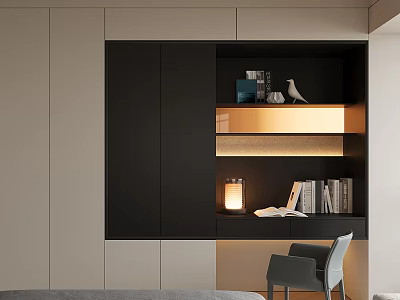 Modern Wardrobe With Black Panels White Cabinetry Open Design Bookshelf Table Lamp And Chair 3d model