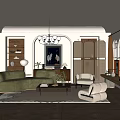Elegant Living Room Interior With Green Sofa White Armchair Chandelier Patterned Rug And Wooden Bookshelf