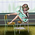 Young Girl Playing Tuba Sitting On Chairs With Green Shelves And Wooden Floor