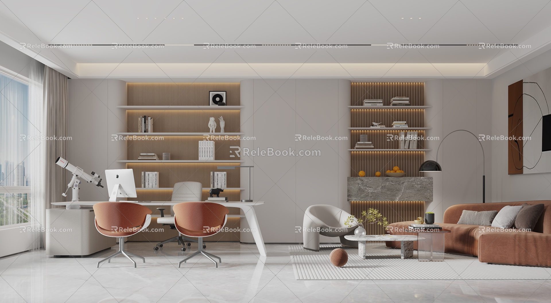 Manager's Office Desk and Chair Combination Bookcase Office Supplies Ornaments Decorations Office Carpet 3d model