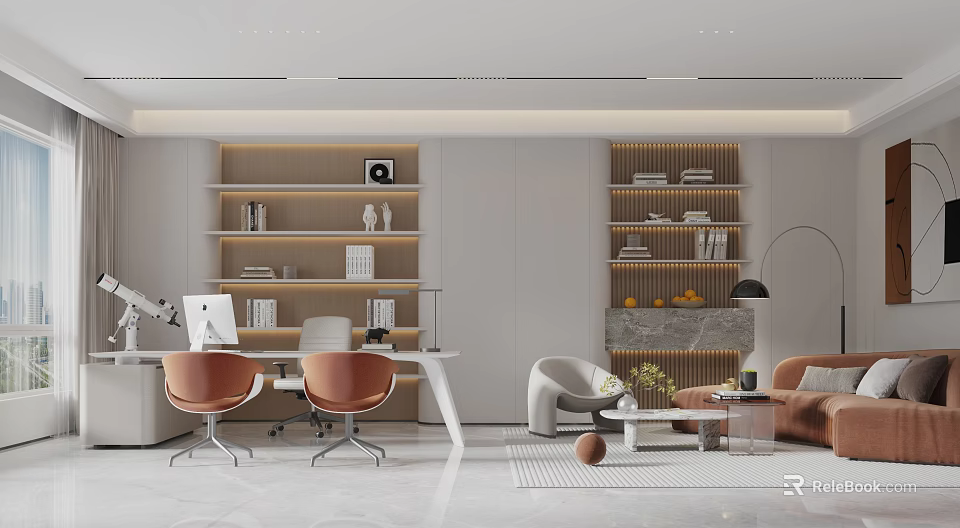 Modern Office Interior With Desks Bookshelves Sofa And Coffee Table 3d model 
