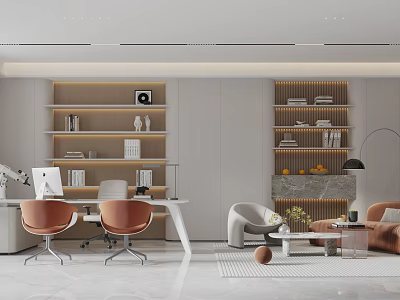 Modern Office Interior With Desks Bookshelves Sofa And Coffee Table 3d model