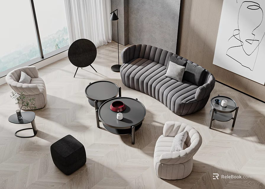 Modern Curved Gray Sofa Coffee Table Set With Round Tables Beige Armchairs And Floor Lamp 3d model 