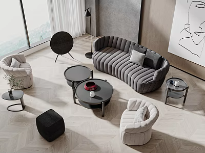 Modern Curved Gray Sofa Coffee Table Set With Round Tables Beige Armchairs And Floor Lamp 3d model