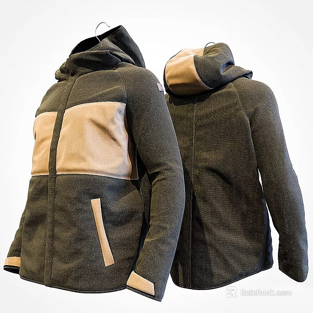Two Tone Dark Green And Beige Hooded Jacket With Front Pocket Front And Back View 3d model 