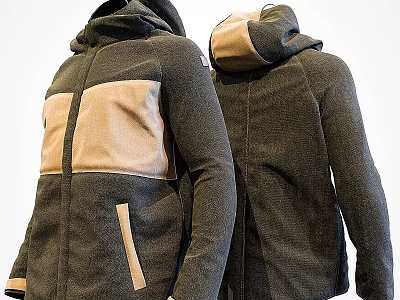 Two Tone Dark Green And Beige Hooded Jacket With Front Pocket Front And Back View 3d model