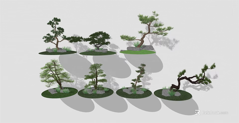 Different Shaped Bonsai Trees With Rocks And Grass For Garden Landscaping 3d model 