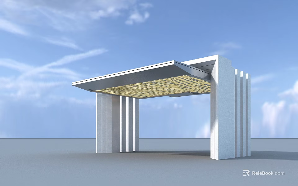 Modern Entrance Gate With White Pillars And Yellow Grid Canopy Design 3d model 