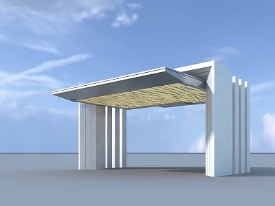 Modern Entrance Gate With White Pillars And Yellow Grid Canopy Design 3d model