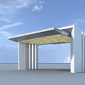 Modern Entrance Gate With White Pillars And Yellow Grid Canopy Design