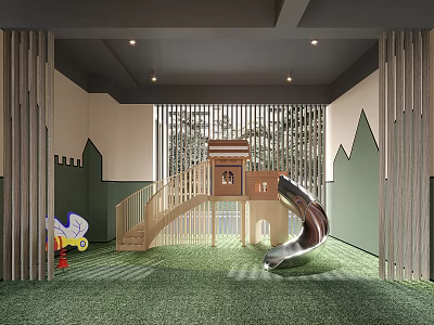 Indoor Playground With Slide House And Green Turf 3d model