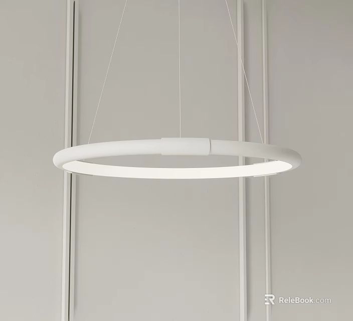 Modern White Circular Chandelier Hanging in Minimalist Interior with White Ceiling and Thin Cords 3d model 
