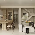 Modern Living Dining Room Interior With Open Concept Sofa Fireplace And Wooden Furniture