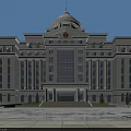 Grand Office Building With White Dome Marble Exterior Large Windows Evening Lighting And Front Plaza