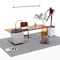 Modern Office Desk With Wooden Top Desk Lamp Laptop Green Plant Sculpture And Gray Rug