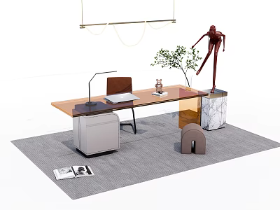 Modern Office Desk With Wooden Top Desk Lamp Laptop Green Plant Sculpture And Gray Rug 3d model