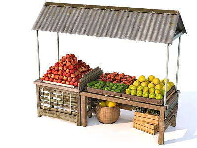 Fresh Assorted Fruits Displayed On Wooden Market Stall With Metal Canopy And Crates 3d model