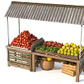 Fresh Assorted Fruits Displayed On Wooden Market Stall With Metal Canopy And Crates