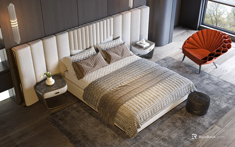 Modern Double Bed With Beige Padded Headboard Textured Gray Bedspread And Orange Armchair In Bedroom 3d model 