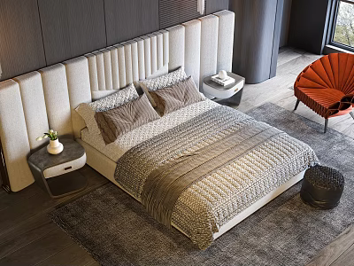 Modern Double Bed With Beige Padded Headboard Textured Gray Bedspread And Orange Armchair In Bedroom 3d model