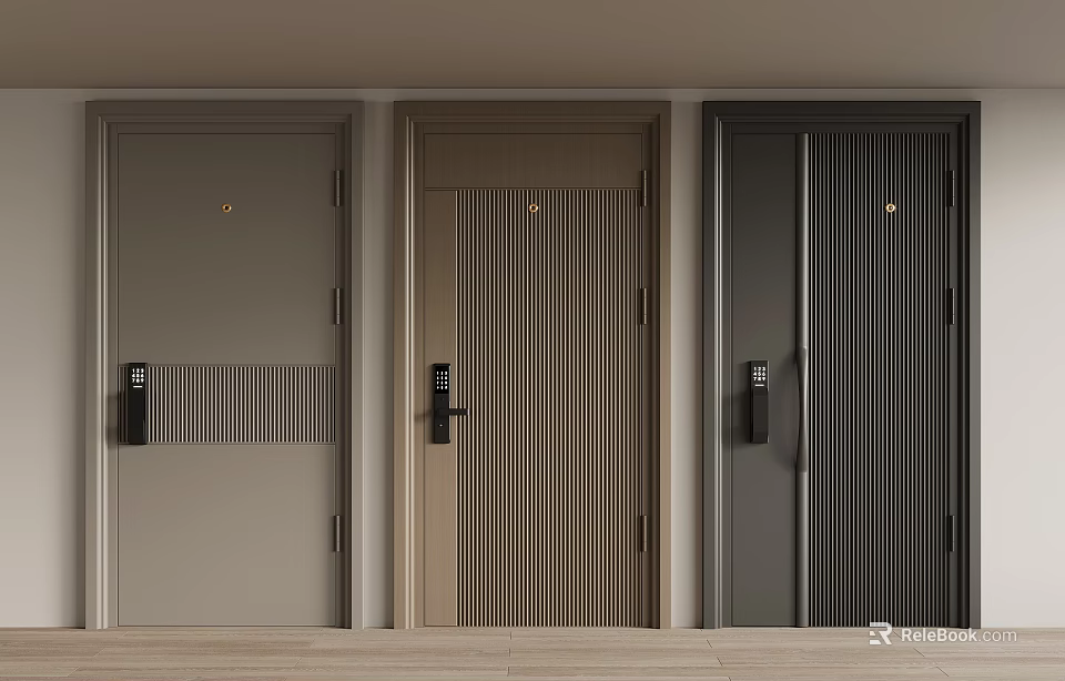 Modern Security Doors Design With Light Gray Beige Dark Gray Panels And Vertical Stripes 3d model 