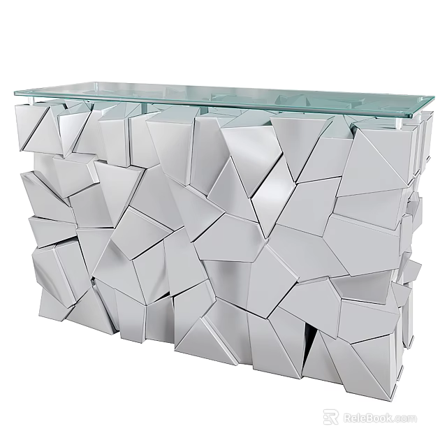 Modern Silver Geometric Console Table With Clear Glass Top And Angular Panels 3d model