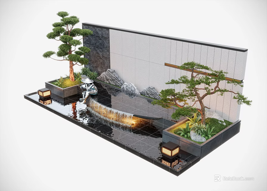 Tranquil Water Fountain with Cascading Water Rockery Pine Trees and Stone Lanterns 3d model 
