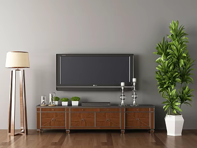 Wooden TV Stand Featuring TV Small Potted Plants Candlesticks Floor Lamp and Green Plant 3d model