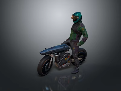 Futuristic Helmeted Figure Standing Beside Sleek Motorcycle With Green Armor And Black Wheels 3d model