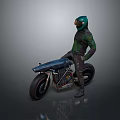 Futuristic Helmeted Figure Standing Beside Sleek Motorcycle With Green Armor And Black Wheels