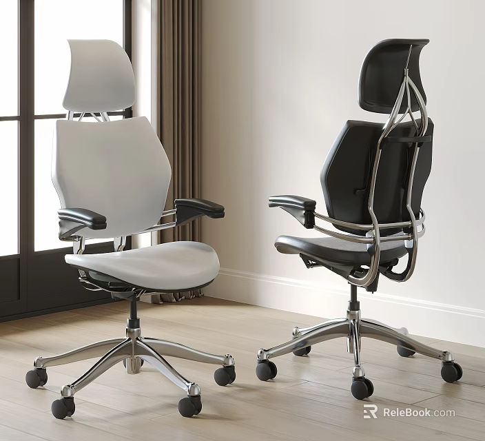 Modern White and Black Office Chair with Ergonomic Design Metal Base and Wheels 3d model 