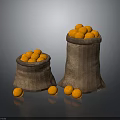 Fresh Oranges in Burlap Sacks with Scattered Fruits on Dark Background