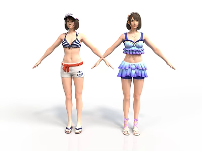 Different Styles Women's Bikini Tops With Shorts Skirts Caps And Shoes 3d model