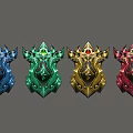 Four Colorful Fantasy Shields With Gemstones In Blue Green Red Gold Ornate Design