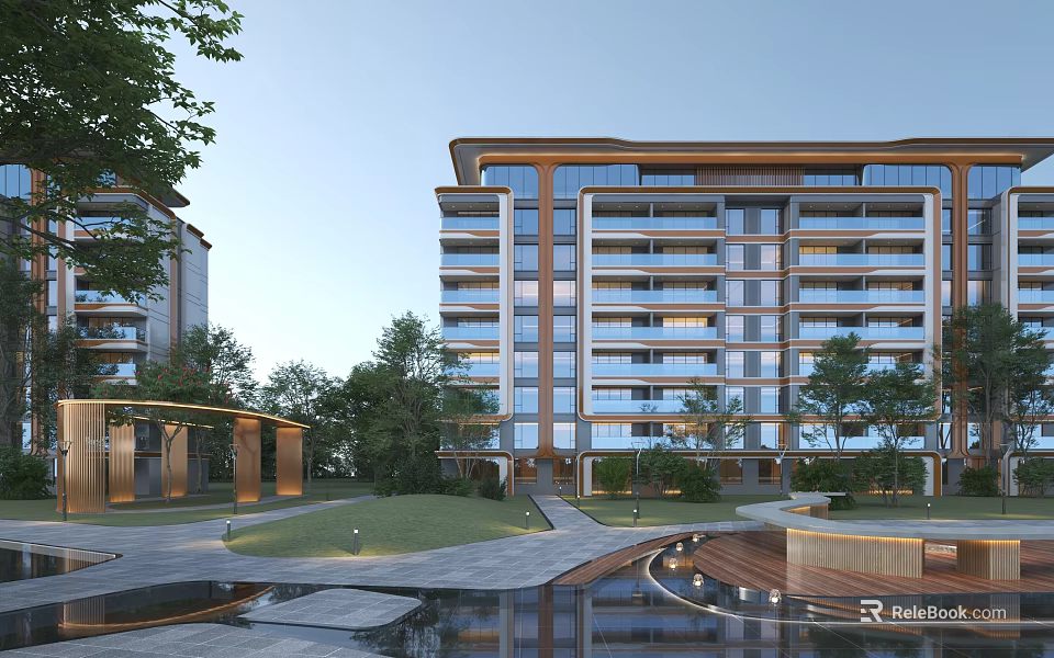 Modern High Rise Residential Building With Lush Greenery Water Feature And Walkway 3d model 