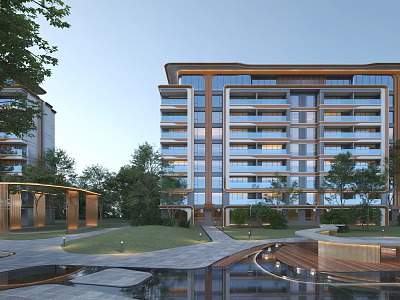 Modern High Rise Residential Building With Lush Greenery Water Feature And Walkway 3d model