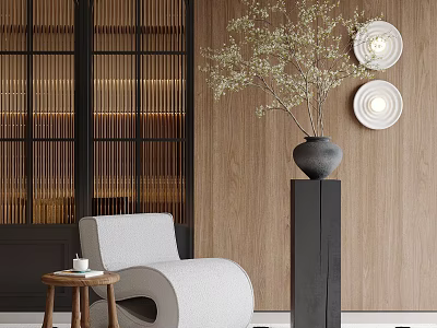 Elegant Modern Potted Bonsai On Black Pedestal With Wooden Wall And White Chair 3d model