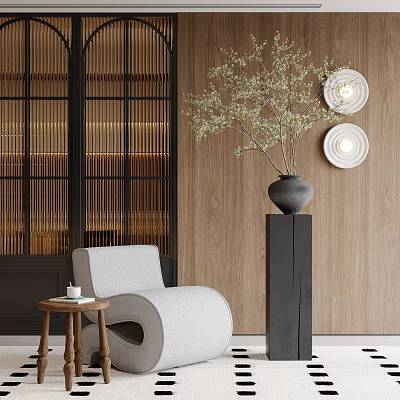 Elegant Modern Potted Bonsai On Black Pedestal With Wooden Wall And White Chair 3d model