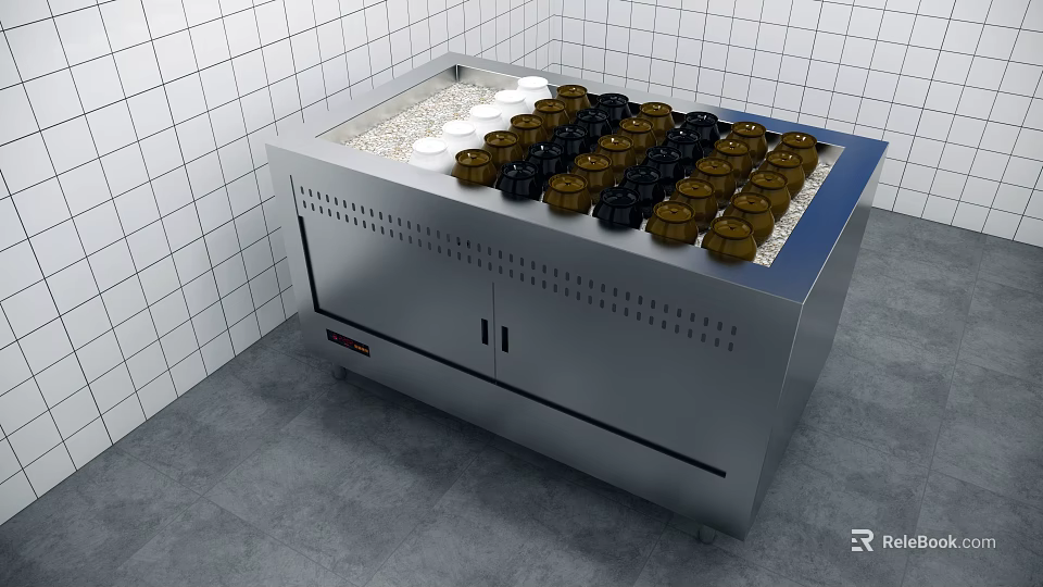 Stainless Steel Open Display Counter With Black And White Containers On White Tiled Wall 3d model 