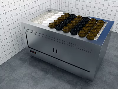 Stainless Steel Open Display Counter With Black And White Containers On White Tiled Wall 3d model