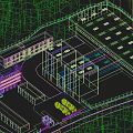 Industrial Factory With Blue Roofs Surrounded By Green Trees And Access Road With Trucks