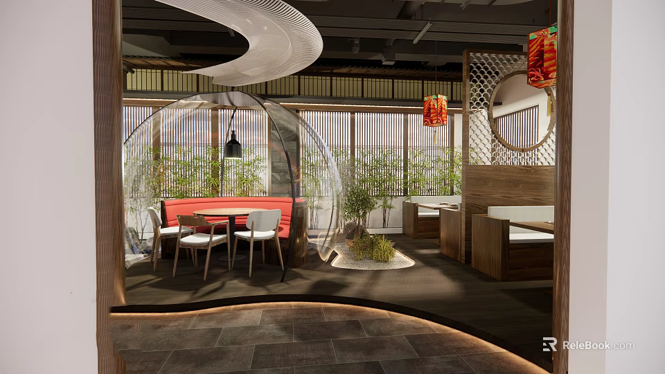 Modern Restaurant Interior With Transparent Spherical Dining Pod Red Sofa Bamboo Screens And Lantern Decorations 3d model 